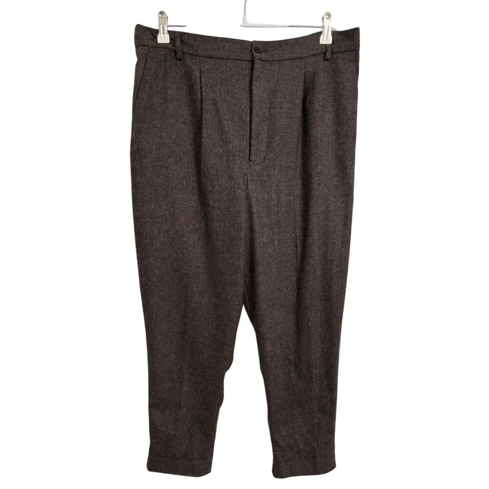 Zara Woman XL‎ Brown Wool Blend Cropped Business Casual Herringbone Pants